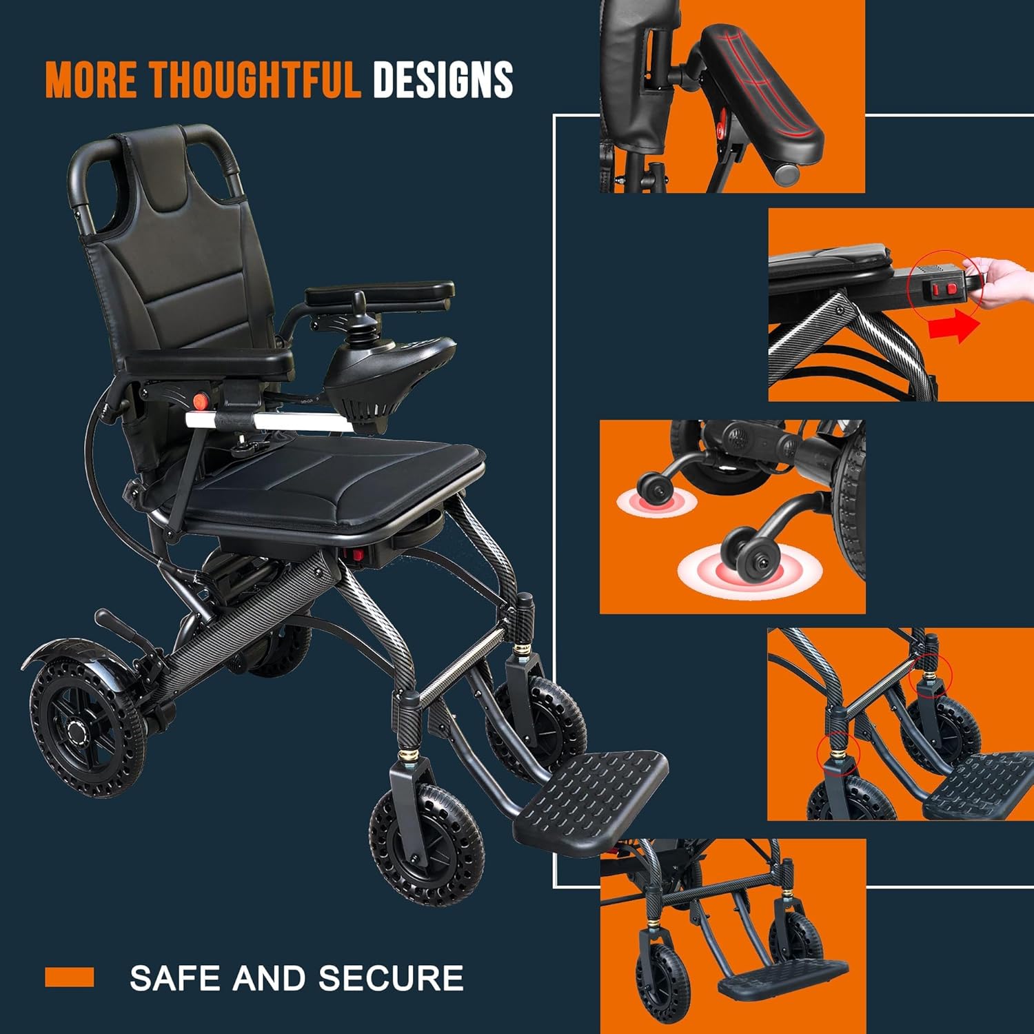 13 kg Carbon Fiber Lightweight Electric Wheelchair for Travel, 19 km Long Travel Range Wheelchair, Airline Approved, Dual Braking System, Power Wheelchairs for Senior