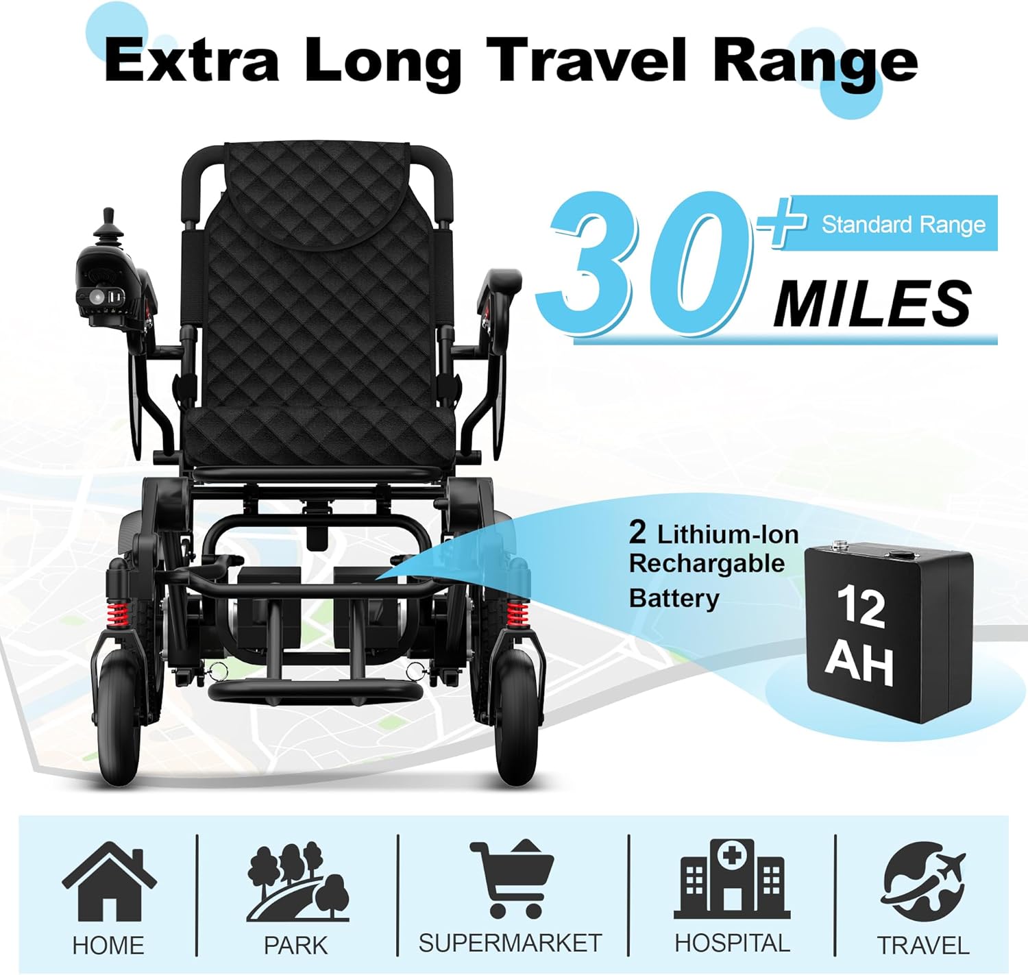 POWET 30 Miles Long Travel Range Electric Wheelchair, Foldable Lightweight Electric Wheelchairs for Adults, 350 lbs Capacity, All Terrain Portable Motorized Wheelchair for Seniors (Metallic Black)